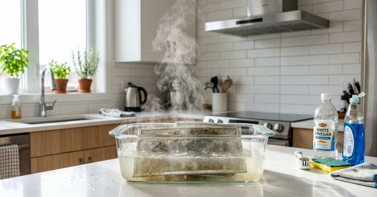 El truco del vinagre caliente para limpiar los filtros de la campana sin frotar