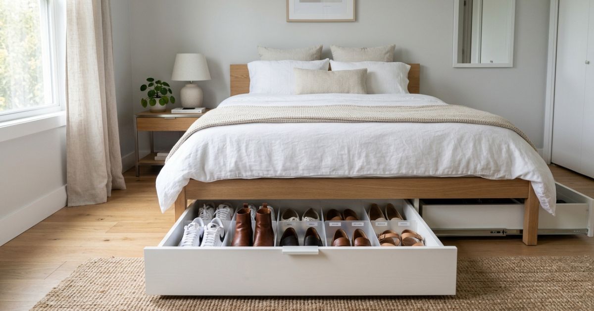 Zapatos amontonados la solución invisible detrás de la cama para ganar espacio