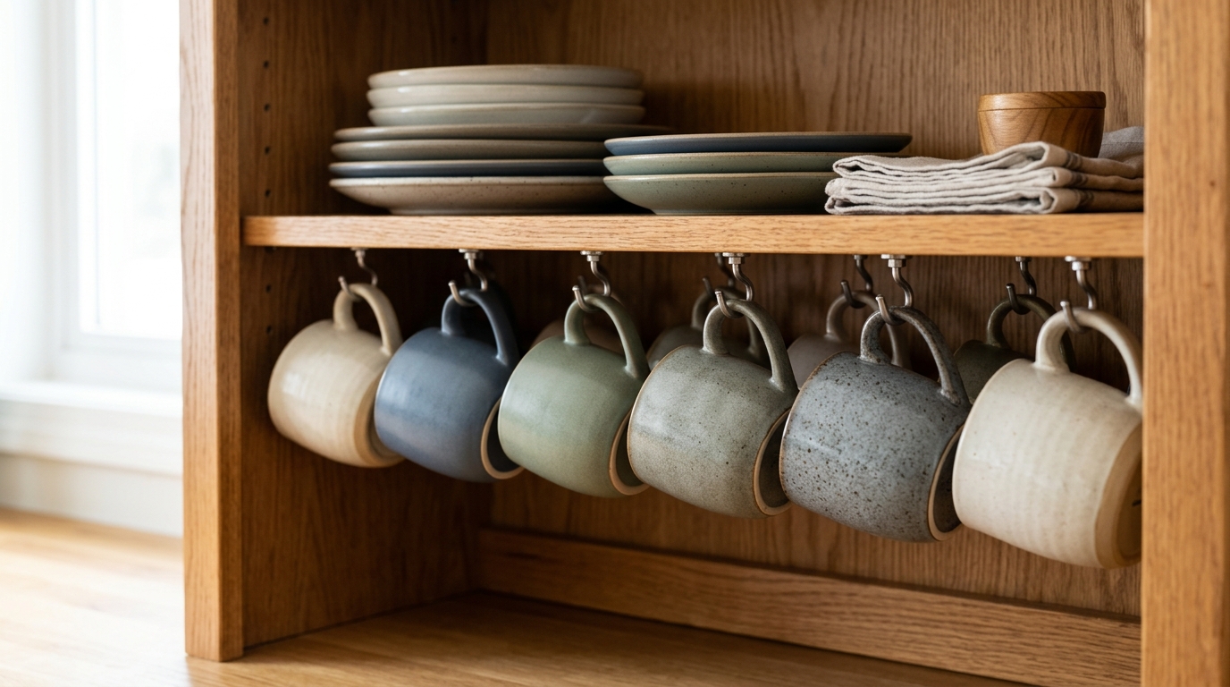 Por qué deberías colgar tus tazas de café debajo del estante para ganar medio armario